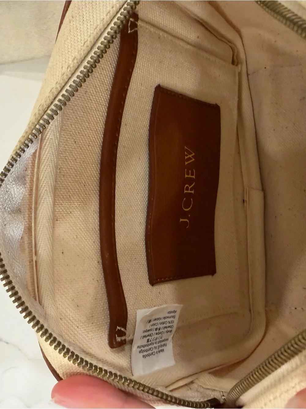 J. Crew Cream Canvas Belt Bag with Brown Trim